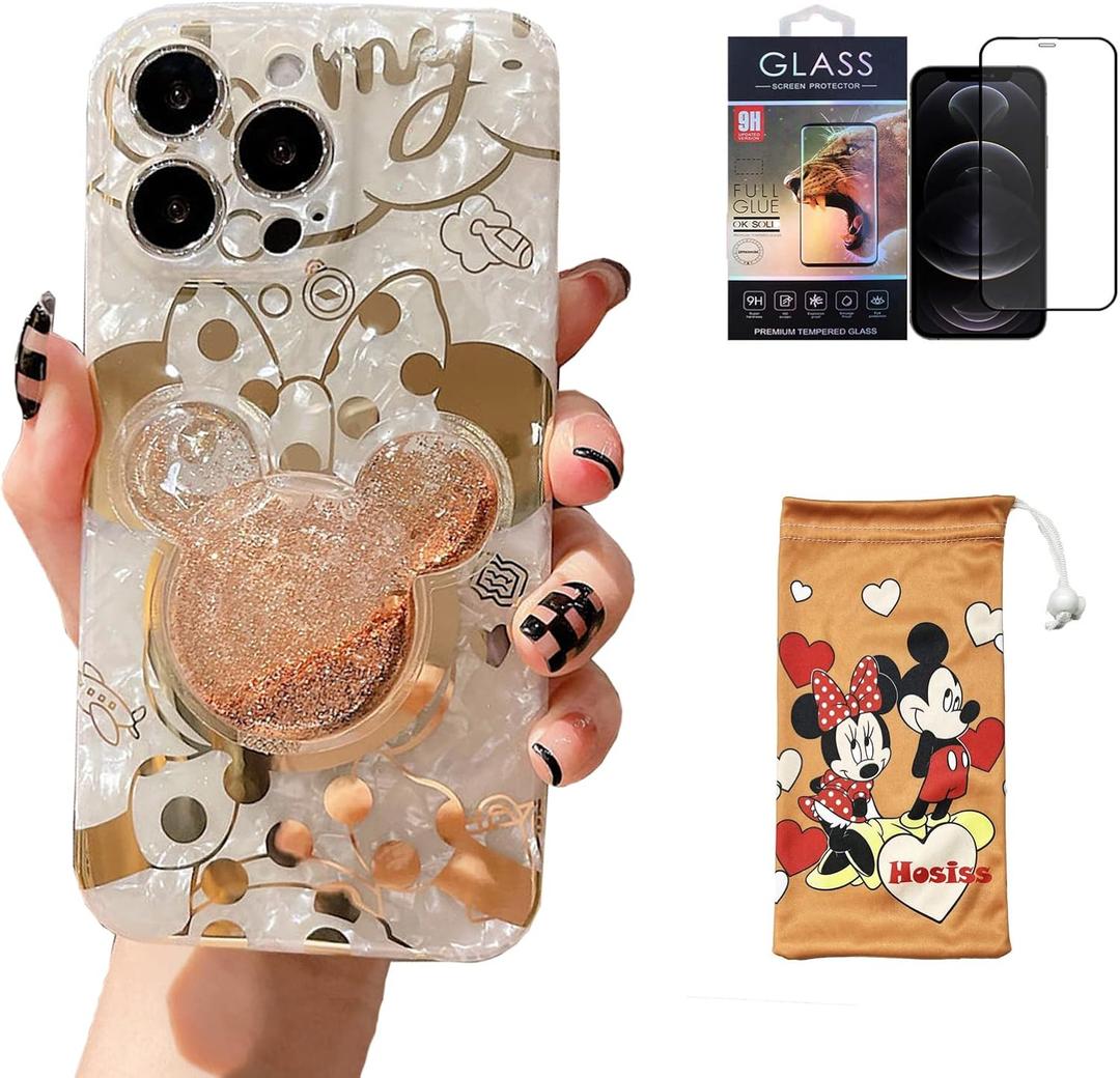 Cartoon Case for iPhone 7/8/SE 4.7" with HD Screen Protector, Minnie Mouse with Quicksand Cell Phone Holder Strap Soft TPU Shockproof Protective for Girls Women