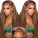30inch Ombre Highlight Curly Lace Front Wig Human Hair 200% Density Highlight Deep Wave Wear and Go Glueless Wigs Human Hair Pre Plucked Pre Cut 7x5 Hd Curly Highlighted Wig Human Hair for Women (dark brown and blonde)