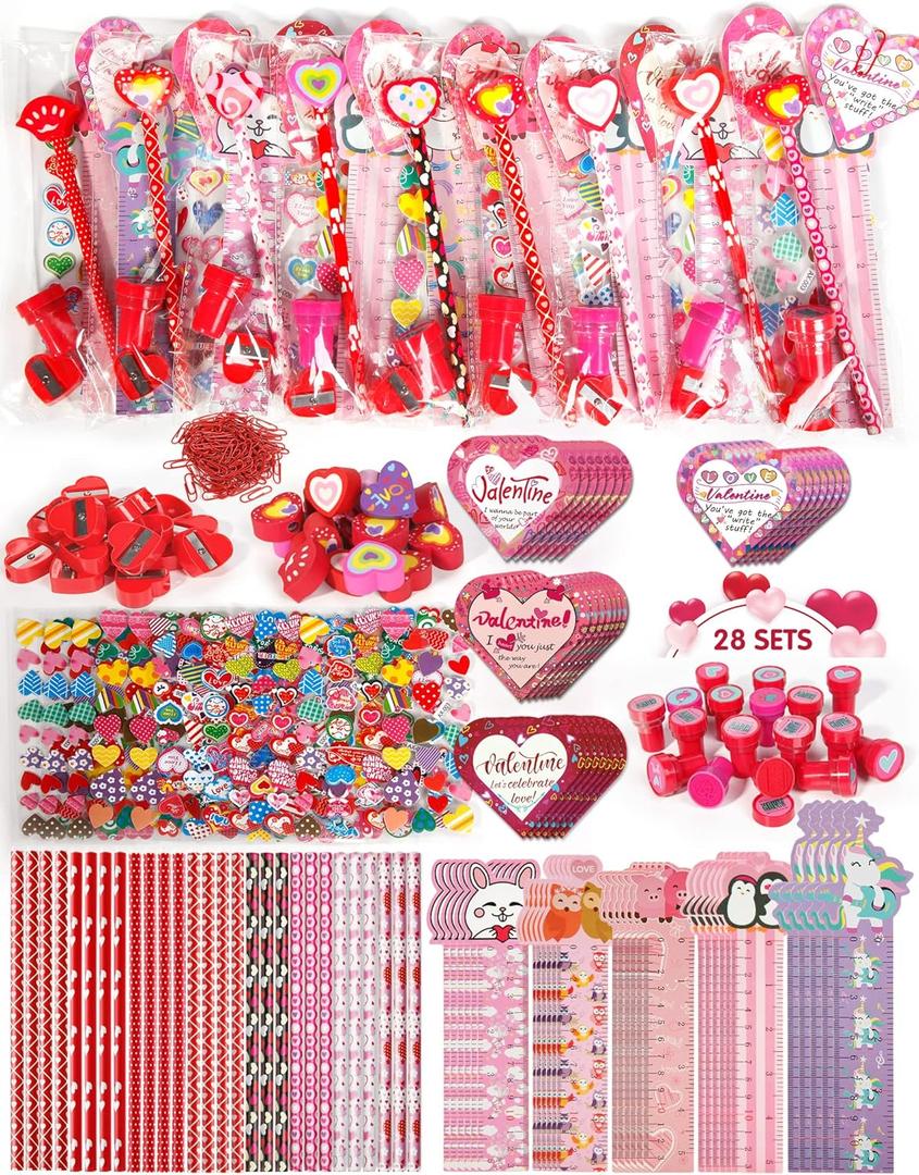 Valentine Gifts for Kids School, 28 Packs Stationery Set from Teachers to Students, Valentines Kids Gift Set Cards with Stickers, Pencils, Erasers, Valentine's Day Classroom Exchange Party Favor Toy