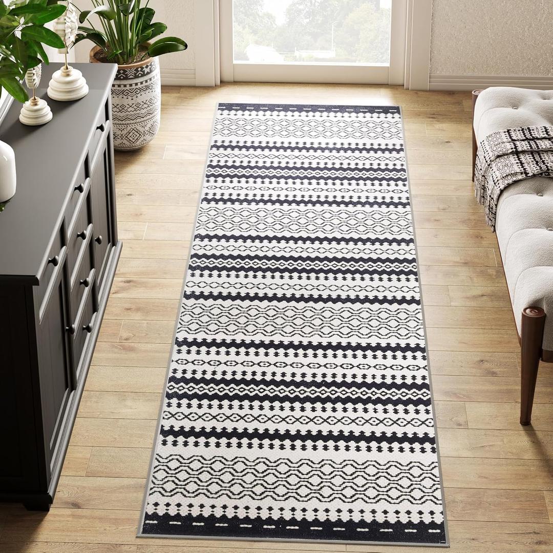 jinchan Moroccan Runner Rug 2x5 for Hallway - Geometric Honeycomb Modern Geometric Machine Washable Soft Ultra-Thin Non-Slip Carpet for Kitchen Bedroom Laundry Room (2x5ft,Black)