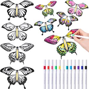 Seenelling 44 Pcs Flying Butterfly Craft Kit with 32 Wind up Butterflies and 12 Color Pens People Painting White Paper Butterflies DIY Toy for Party Game School Activity Birthday Gift (Style 2)