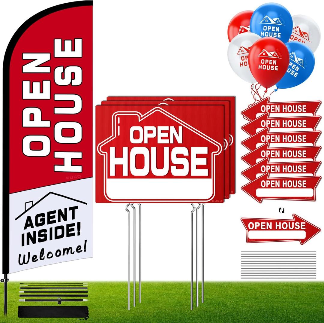 Open House Signs Kit (45 Pcs), 1 Pack Open House Flag, 9 Pack Open House Signs for Real Estate, Double Sided Directional Arrows Sign with Stakes and 24 Balloons for Real Estate Agents Supplies