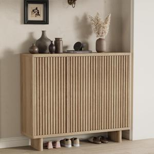 Garvee 46 Inch Shoe Cabinet with Fluted Door, 5-Tier Storage with 4 Adjustable Shelves, Rustic Entryway Shoe Bench for Hallway, Wood