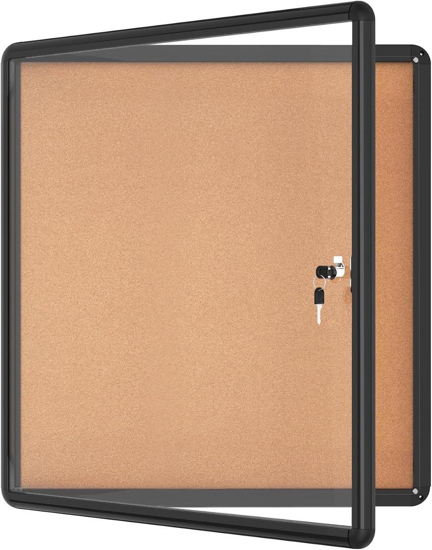 Mifuro 28"x26" Enclosed Bulletin Board, Lockable Weather-Resistant Aluminum Cork Noticeboard for School & Office, Black Frame w/Cork