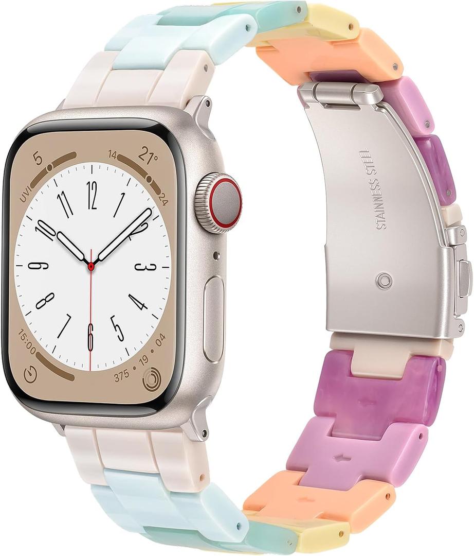 V-MORO Resin Bands Compatible with Apple Watch Series 11/10/9/8/7 Band 45mm 46mm Starlight Buckle Lightweight Fashion Strap Bracelet for iwatch Series SE/6/5/4/3/2/1(Bonbon Rainbow,42/44/45/46/49mm)