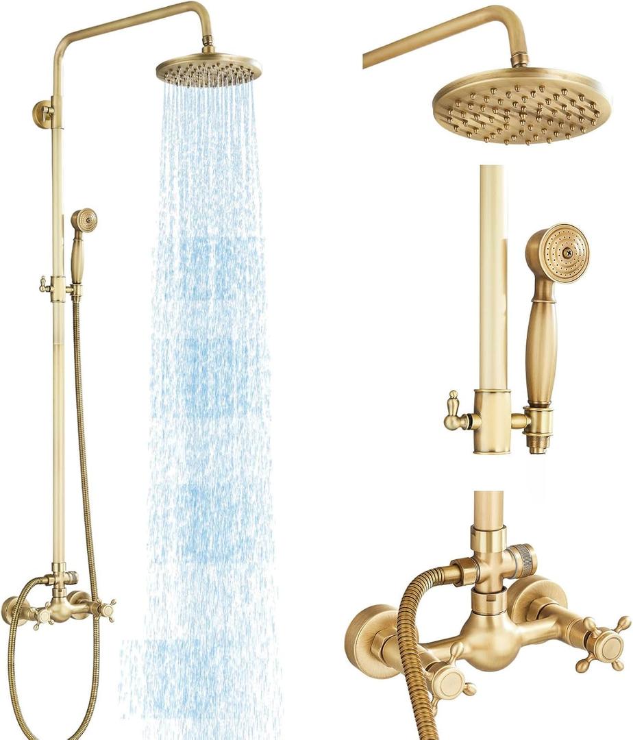 Antique Brass Shower System Bathroom Shower Faucet Set with 8 Inch Rainfall Shower Head Handheld Spray 2 Cross Handles Wall Mounted Outdoor Shower Fixtures Solid Brass