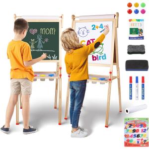 YOHOOLYO Kids Easel Wooden Children Art Easel Paper Roll,Double Sided Magnetic Whiteboard Chalkboard Dry Eraser Adjustable Height for Boys Girls Gifts (Beige)