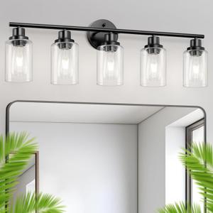 5-Light Black Bathroom Vanity Lights, E26 Modern Bathroom Light Fixtures with Clear Glass Shade, Mirror Kitchen Hallway Cabinet Living Room Sconces Wall Lights