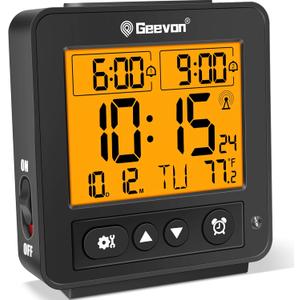 Geevon Small Atomic Travel Alarm Clock with Auto/8s Backlight, 2 Alarm Settings, Temperature, Increasing Beep Sounds Digital Atomic Travel Clock Battery Operated for Bedroom, Bedside, Black