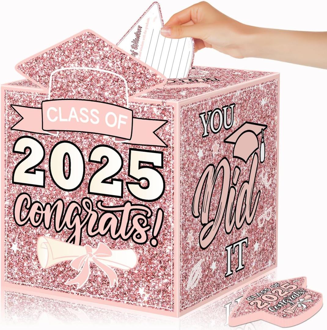Pink Graduation Card Box 2025 Graduation Party Decorations Rose Gold Congrats Grad Card Box with 48 PCS Advice Cards Class of 2025 Grad Party Supplies Pink Graduation Card Box 2025 Graduation Party Decorations Rose Gold Congrats Grad Card Box with 48 PCS Advice Cards Class of 2025 Grad Party Supplies