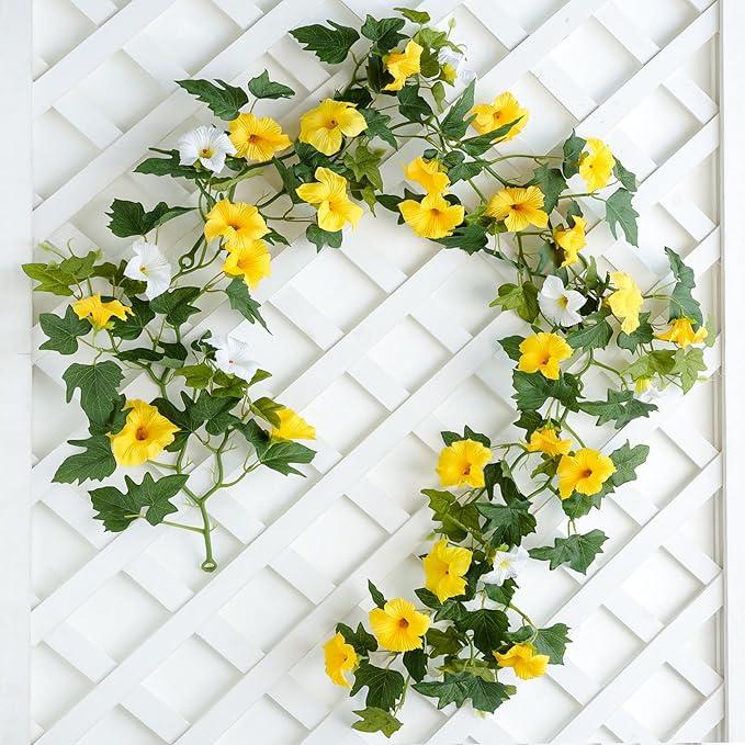 Artificial Petunias Flower Vines Garland 6 Feet Yellow Faux Morning Glory Silk Flowers Garland UV Resistant Fake Hanging Vines Plants Decorations for Outdoor Garden Indoor Home Decor (Yellow)