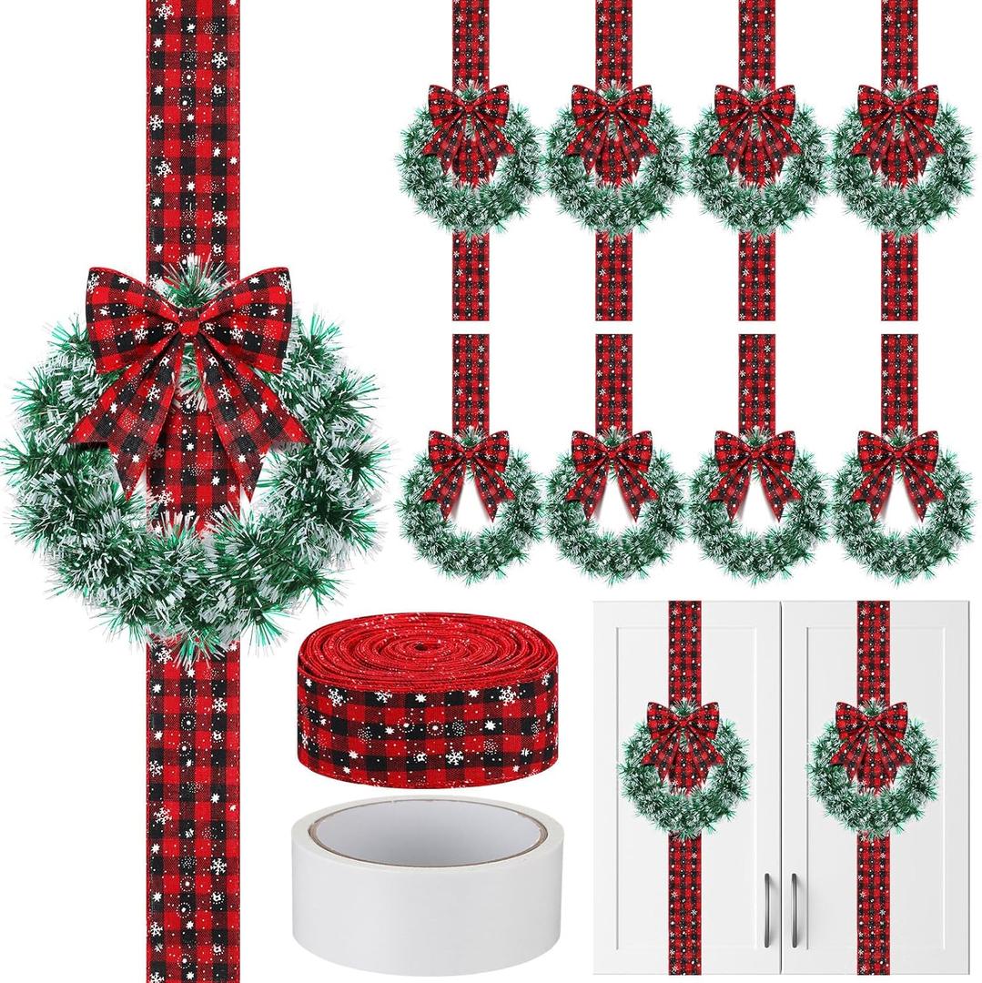 Juinte 10 Pcs 8" Small Christmas Wreaths for Kitchen Cabinet and 1 Roll Ribbon 2.5" x 30 Yards, Mini Christmas Wreaths for Indoor DIY Crafts Window Front Door Farmhouse(Plaid,Linen)