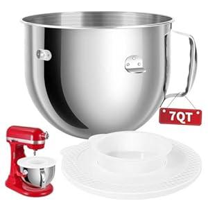 7QT Stainless Steel Mixer Bowl Compatible with Kitchenaid Stand Mixers, 7QT Mixing Bowl for Kitchen Aid Lift with Handle and Lid, Dishwasher Safe
