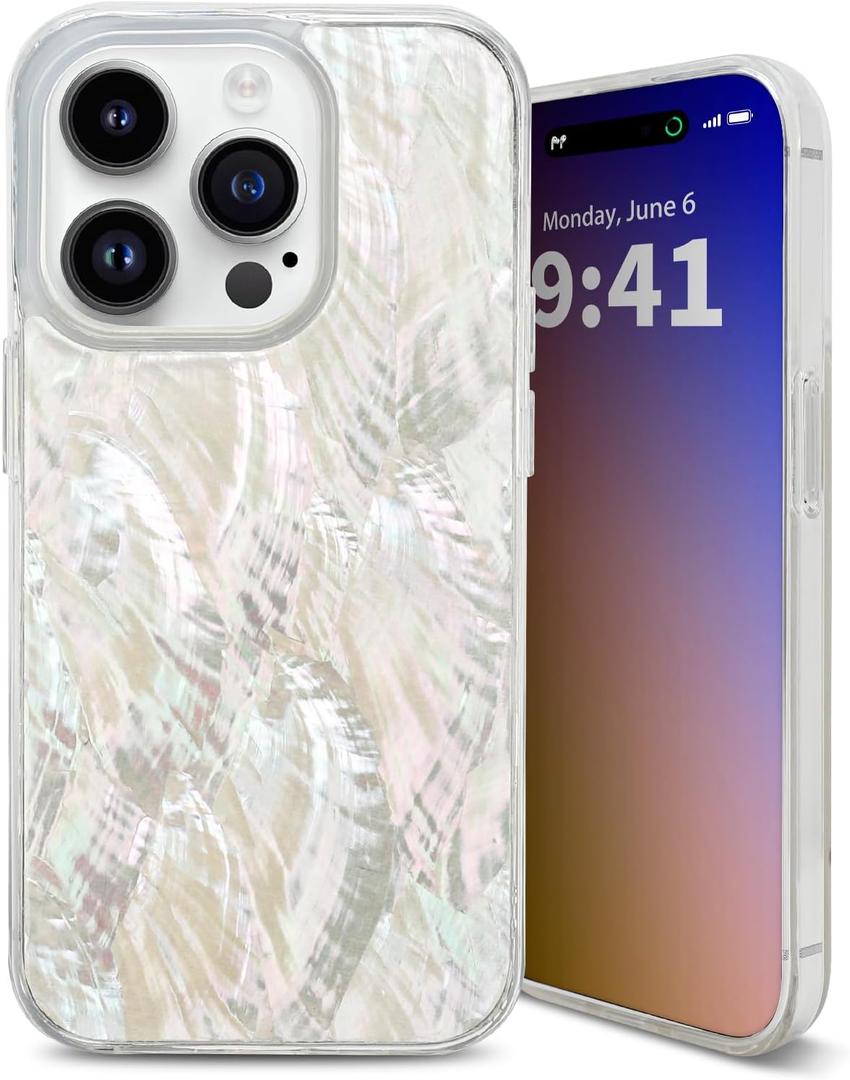 XIMAND for iPhone 15 Pro Case Made with Unique Genuine Seashell, Durable | Stunning Gorgeous | Drop Protection | Luxury Aesthetic Cover (Beige)