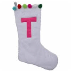 Holiday Home White Plush and Pom Poms Stocking - Monogram P
