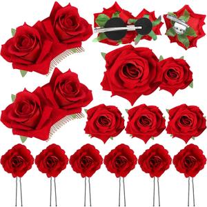 Waydress 12 Pieces Rose Flower Hair Clip Rose Brooch Floral Clips Mexican Flower Hair Pins Accessories for Women Mother's Day Flamenco Dancer Bridal Wedding Party Supplies(Red)