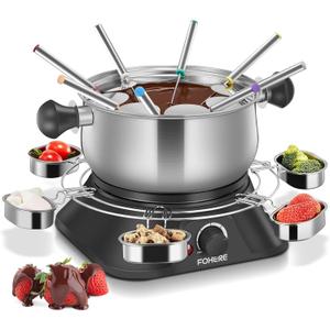 FOHERE 1500W Electric Fondue Pot Set, 1.4QT Non-Stick Electric Fondue Pot with 8 Color-Coded Forks, 6 Pcs Cups and Anti-Scald Handle, Precise Temperature Control for Cheese,Chocolate,Oil and Broth