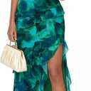 BTFBM Off The Shoulder Dresses for Women Summer 2026 Strapless Ruffle Slit Formal Wedding Guest Dress Cocktail Party (Medium, Floral Lake Blue)