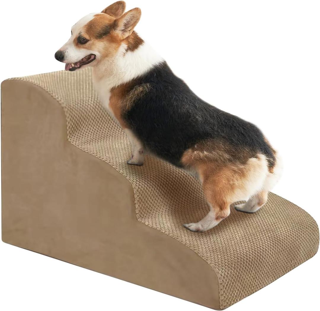 Dog Stairs, High Bed Climbing, Non-Slip Balanced Dog Indoor Step, 3 Steps High Density Foam Dog Ramps, Best for Older Dogs, Cats, Small Pets(Khaki)