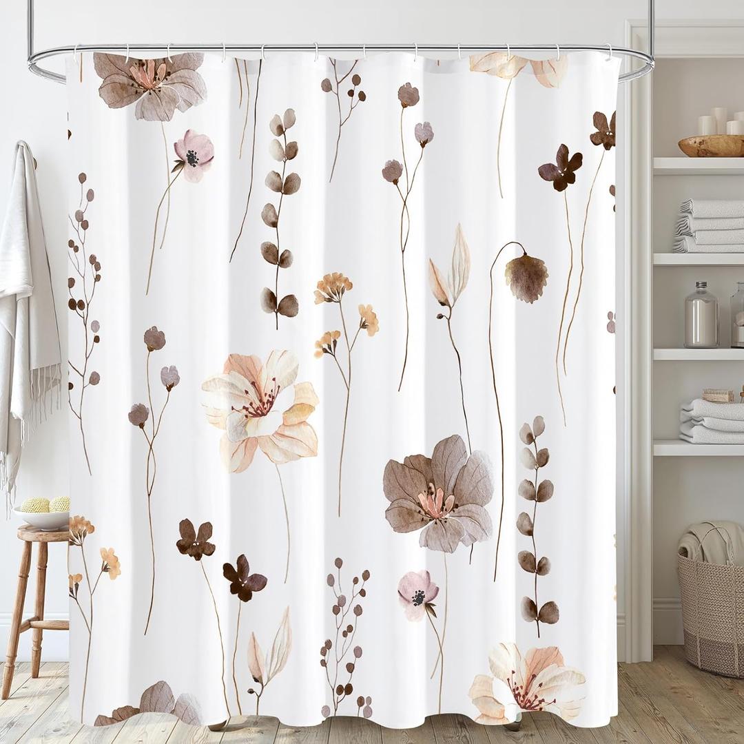 Gibelle Extra Long Shower Curtain 72 x 84, Watercolor Floral Fabric Shower Curtain, Brown Beige Flower Decorative Bathroom Shower Curtain Set