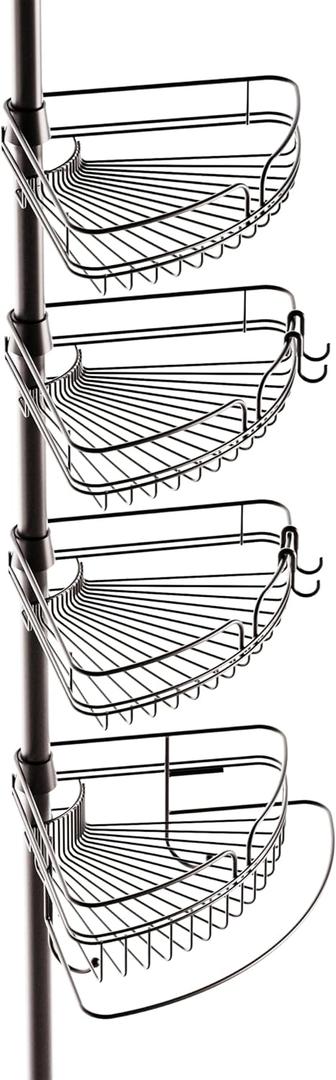 Zenna Home Tension Pole Shower Caddy, Adjustable Corner Shower Storage System with 4 Baskets and Built in Towel Bar, Bathroom Organization Solution, 60 to 97 Inch, Bronze