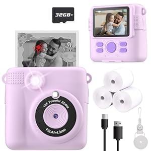 ESOXOFFORE Instant Print Camera for Kids, Christmas Birthday Gifts for Girls Boys Age 3-12, Kids Digital Cameras for Toddler, Portable Toy for 3 4 5 6 7 8 9 10 Year Old Girl with 32GB SD Card-Purple
