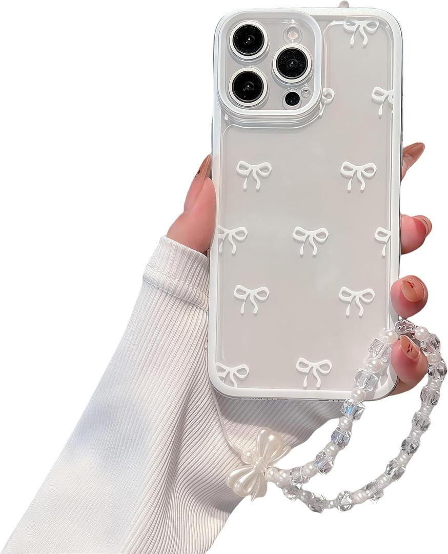 for iPhone 14 Pro Case, [2-in-1 with Clear Beads Pearl Beaded Wristlet Bracelet] Cute White Bow Print, Suitable for Women & Girls