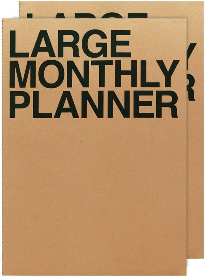 JSTORY Large Monthly Planner Set of 2 Stitch Bound Flat Lay Year Round Flexible Cover Goal/Time Organizer Thick Paper Eco Friendly Customizable A4 16 Months 36 Pages 18 Sheets Kraft