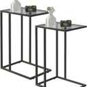 Easy Paws C Shaped End Table Set of 2, Tempered Glass Snack Side Table with Metal Frame, Sofa Couch Side Table, Modern Style, Black