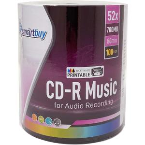 100 Pack Smartbuy Digital Audio CD-R Music 52X 700MB/80Min White Inkjet Hub Printable Blank Recordable Disc