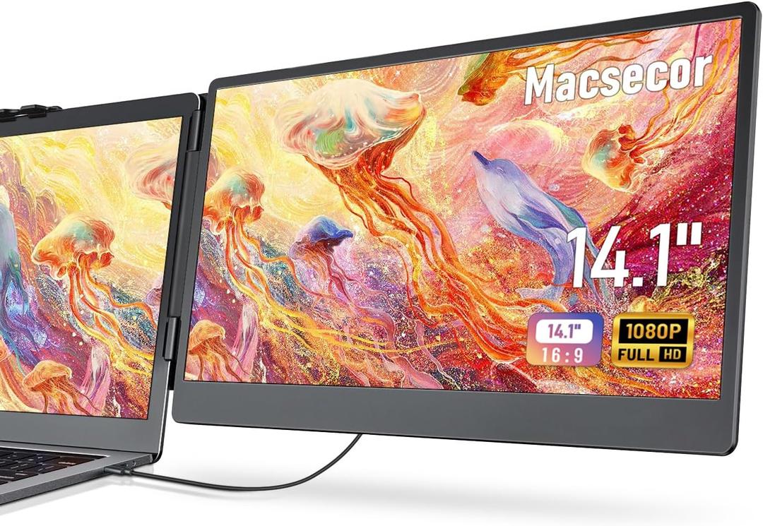 14.1'' Laptop Screen Extender, 1080P FHD IPS Portable Dual Monitor for Laptop, USB C HDMI Plug-Play Monitor Extender for Triple Display for MacOS/Windows, Fits 13-17.3" Laptops