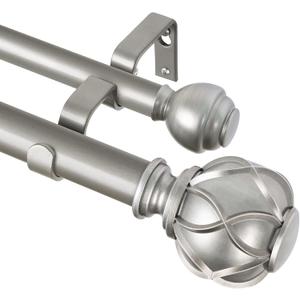 KAMANINA 1 Inch Double Curtain Rods for Windows 72 to 144 Inches (6-12 Feet), Silver Heavy Duty Double Curtain Rod, Telescoping Drapery Rod with Netted Texture Finials (72-144", Antique Silver)