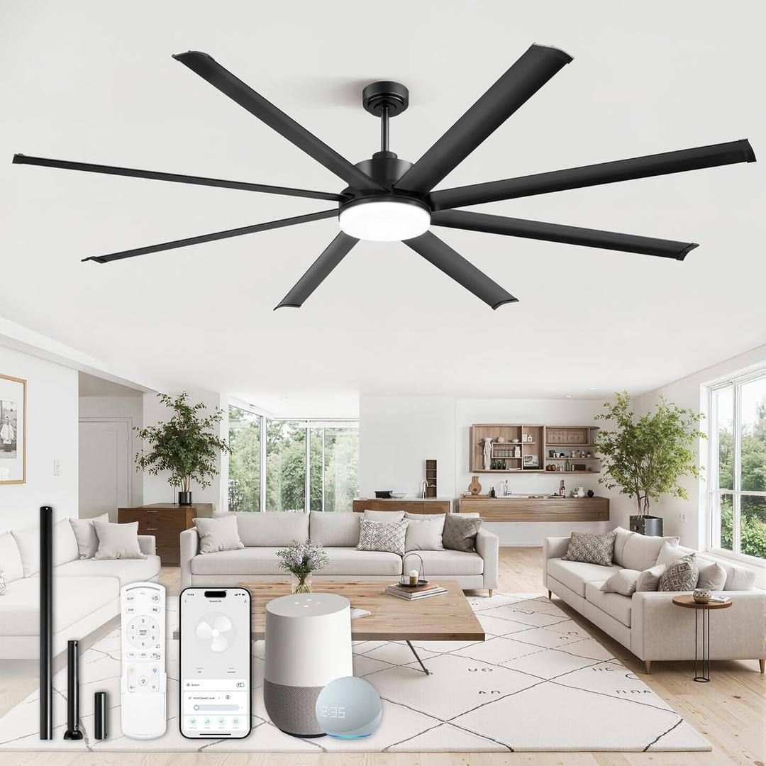 ZMISHIBO 84 Inch Ceiling Fan with Light, Smart Fan Light Compatible with Alexa, 3000-6000K Dimmable, 6 Speeds, Large Industrial Ceiling Fans with 8 Black Aluminum Blades for Patio Living Room