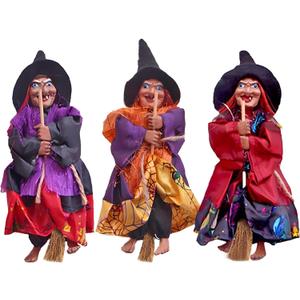 3 PCS Halloween Hanging Witches Decorations, 8" Halloween Witches Ornaments Flying Witches Figures on Broom Halloween Outdoor Indoor Decorations Haunted House Hanging Props Party Decor (#A)