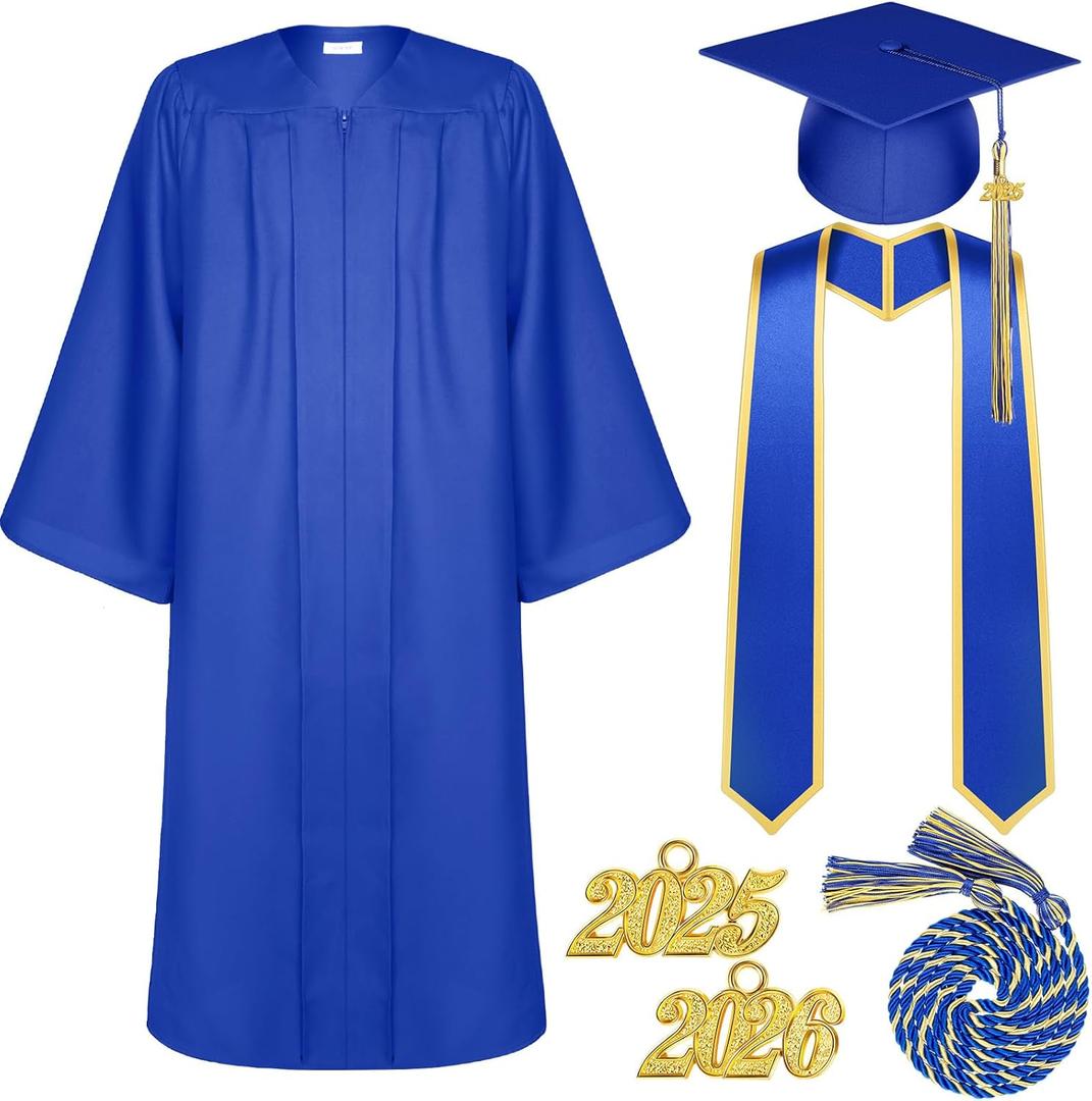 Tigeen Unisex Adult Graduation Gown Cap Tassel Set Matte Uniforms 2025 Charms Cord and Stole for College High School Graduate (48, Royal Blue)
