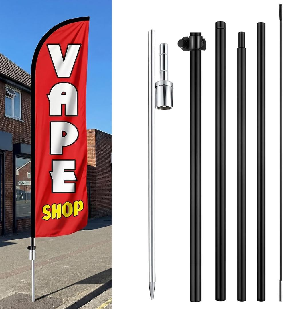 Hahafelt 1 Pack 15 FT Smoke Shop Windless Feather Swooper Flag Kit - Smoking Advertising Flag Banner Sign with Fiberglass Pole and Steel Ground Spike for Outdoor Decoration