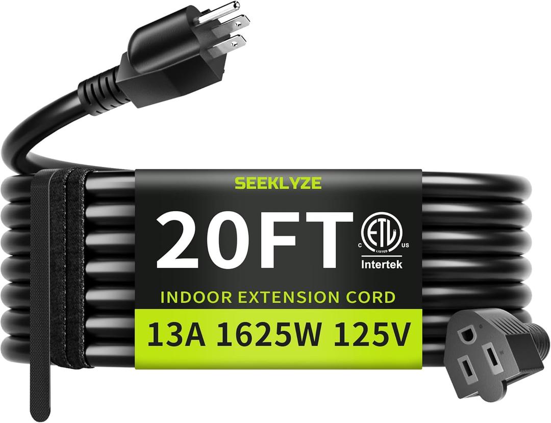 16/3 Black 20 FT Extension Cord, Indoor Extension Cord for Laptops, Coffee Makers, Office Home Appliances, 3 Prong Resistant Cable Flexible, 13A 125V 1625W ETL Listed