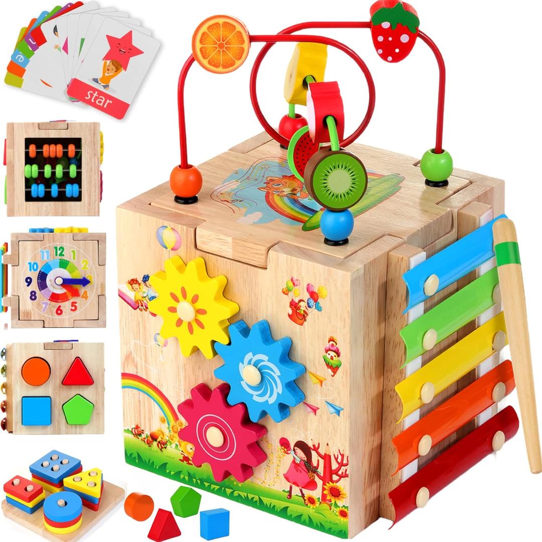 Batlofty Wooden Activity Cube, 8-in-1 Montessori Toys for 1+ Year Old Boys & Girls, Educational Learning Toys for Toddlers Age 1-2, 1st Birthday Gift with Word Cards | Bonus Sorting & Stacking Board (Pink Packaging)