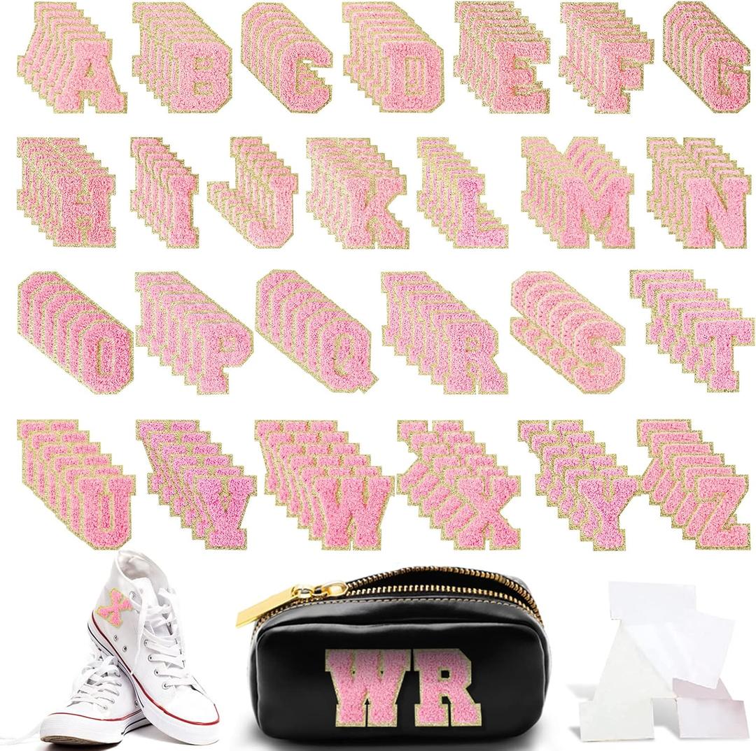 156 Pieces Chenille Letter Patches Self Adhesive Letter Patches 6 Set A-Z Stony Clover Patches Preppy Patches Varsity Chenille Letters for DIY Phone Bags Backpacks Hats (Pink)