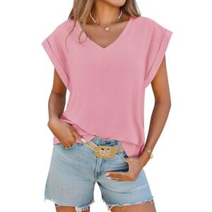Cicy Bell Womens Summer Cap Sleeve T Shirts Casual V Neck Tops Loose Fit Basic Tees White