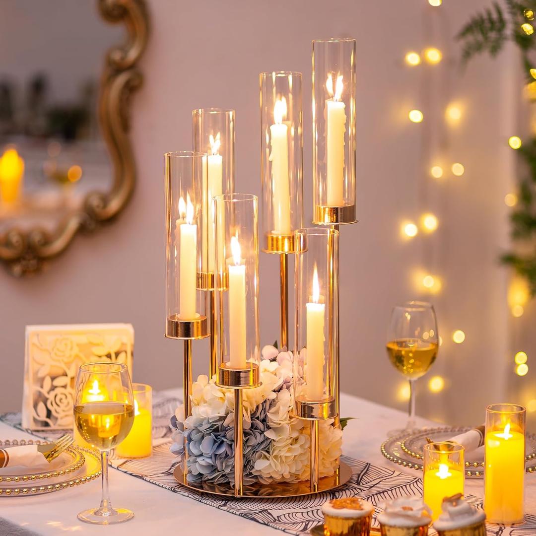 Hurricane Glass Taper Candle Holders: 6 Arm Gold Candelabra Candlestick Holders 24" Tall Candle Holder Candlestick Hurricane Large Gold Candle Holders with Removable Glass Cover Wedding Party Home