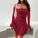 ABINGOO Women Off Shoulder Ruched Mini Dress Sexy Long Sleeve Ruffle Tiered Flowy Tube A Line Dress Fall Bodycon Short Dress (Red, L)