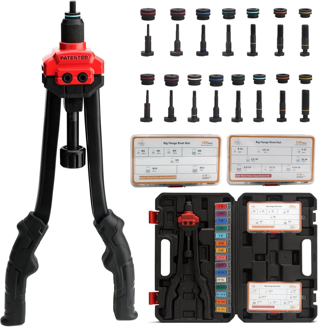 CORWIN K1 16 Inches Rivet Nut Tool Kit with Stroke Scale with 15 mandrels in Metric M3-M12 in SAE 6-32 to 1/2-13 Stored in Designed Carring Case Includes 200 Rivet Nuts Organized in Separate Boxs