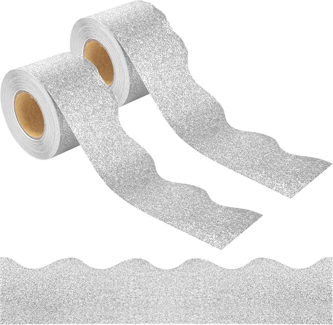 131Ft Silver Glitter Bulletin Board Borders Silver Scalloped Bulletin Board Trims Shiny Decorative Border Trims Sparkle Self-Adhesive Border Stickers for Classroom School Home Office Blackboard Desk