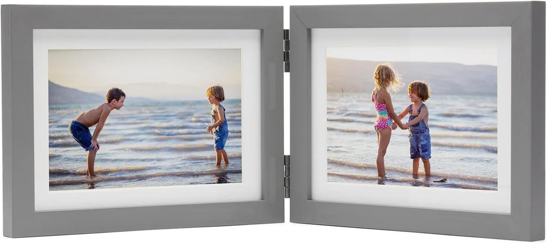 Double Horizontal Picture Frames Hinged Folding Photo Frames in Gray Made of Pine Wood with Real Glass for Wall Hanging or Tabletop Standing, Display Pictures 4x6 with Mat or 5x7 Without Mat