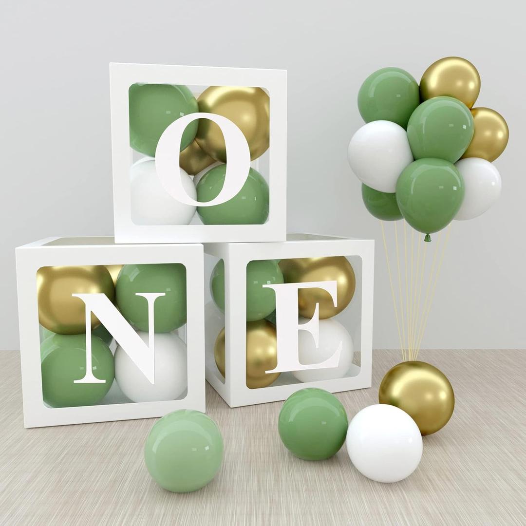ONE Boxes for 1st Birthday Boy Decorations, 30PCS Green Gold White Balloons and ONE Letters for First Birthday Decorations One Blocks for Boy Girl Baby Shower, Photo Shoot Prop, Table Centerpiece