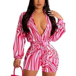 Glozeplus Women Sexy One Piece Deep V Neck Printed Shorts Jumpsuit Long Sleeve High Waist Elastic Romper Clubwear Outfits, S