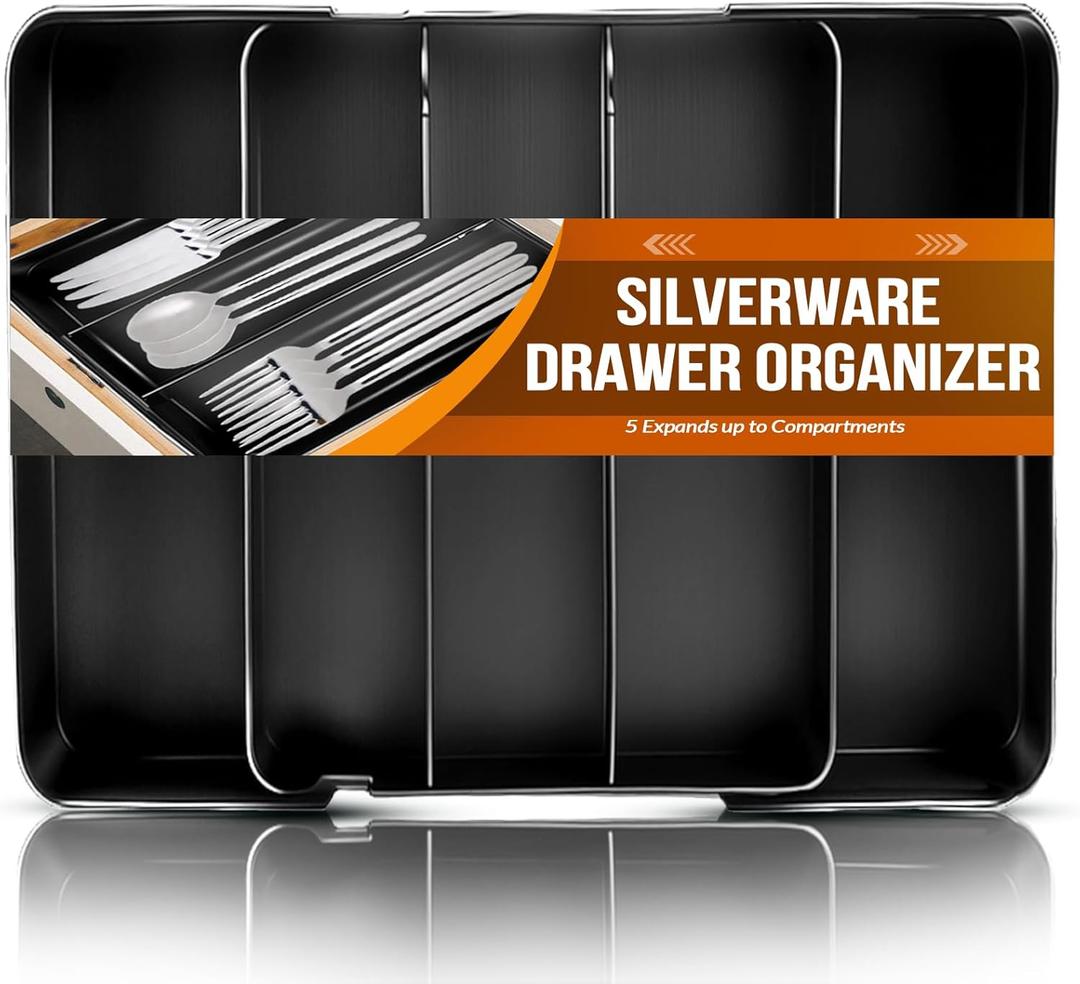 Silverware Organizer, Adjustable & Expandable Utensil Tray for Kitchen Cutlery Storage, Spoons Forks Knives Holder Storage Dividers, Multipurpose Silverware Drawer Organizer for Dining Table - Black