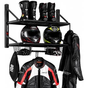 Motorcycle Helmet Wall Mount, 2-Tier Helmet Holder Wall Mount with Shelf & Baskets, Motorcycle Gear Rack Storage for Jackets, Gloves, Keys and Riding Accessories