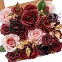 Serwalin Burgundy Artificial Flowers Silk Flower for DIY Wedding Decoration Fake Pink Rose with Gold Leaf for Bridal Bouquet Table Centerpieces Party Baby Shower (1 Box)